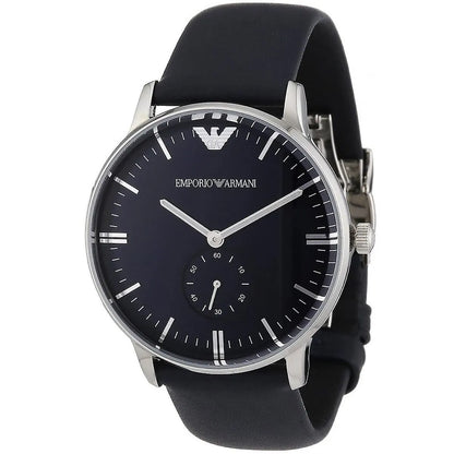 Emporio Armani AR1647 watch at angle showing silver case, dark blue dial, and black leather strap