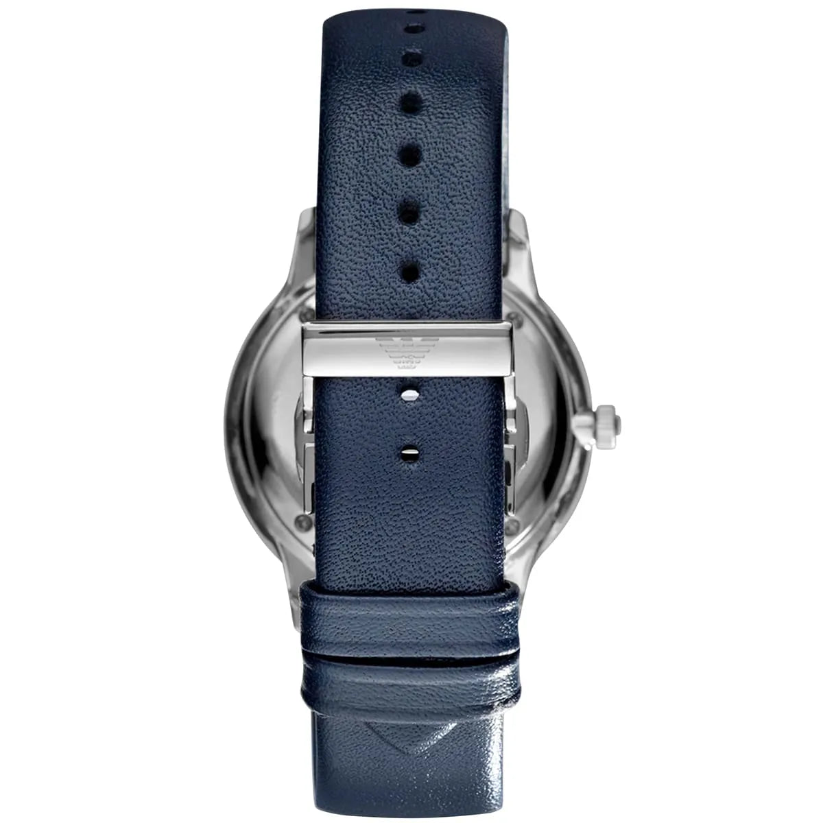 Emporio Armani AR1647 watch caseback showing silver case and blue leather strap with pin holes