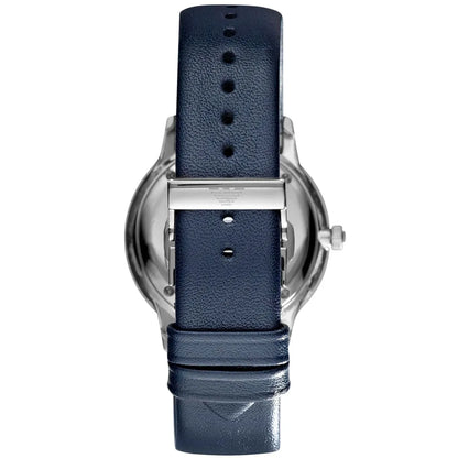 Emporio Armani AR1647 watch caseback showing silver case and blue leather strap with pin holes