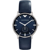 Emporio Armani AR1647 men's watch with silver case, blue dial, white hands, and blue leather strap