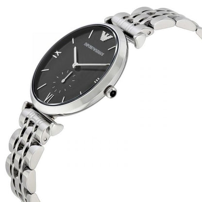 AR1676 watch at angle showing black dial, silver case, and linked metal bracelet