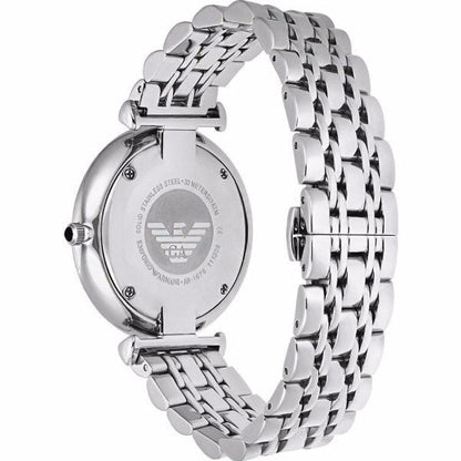 AR1676 caseback displaying stainless steel construction with Emporio Armani eagle logo engraving