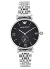Emporio Armani AR1676 black dial watch with silver strap, Roman numeral indices and subdial