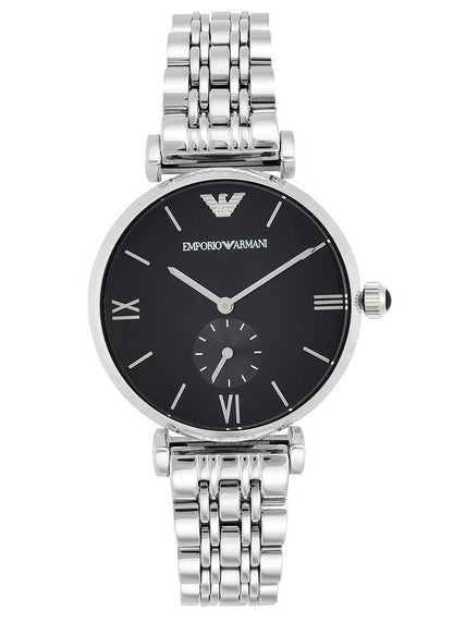 Emporio Armani AR1676 black dial watch with silver strap, Roman numeral indices and subdial