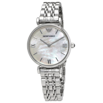 Emporio Armani Classic AR1682 silver watch with white mother-of-pearl dial and Roman numerals