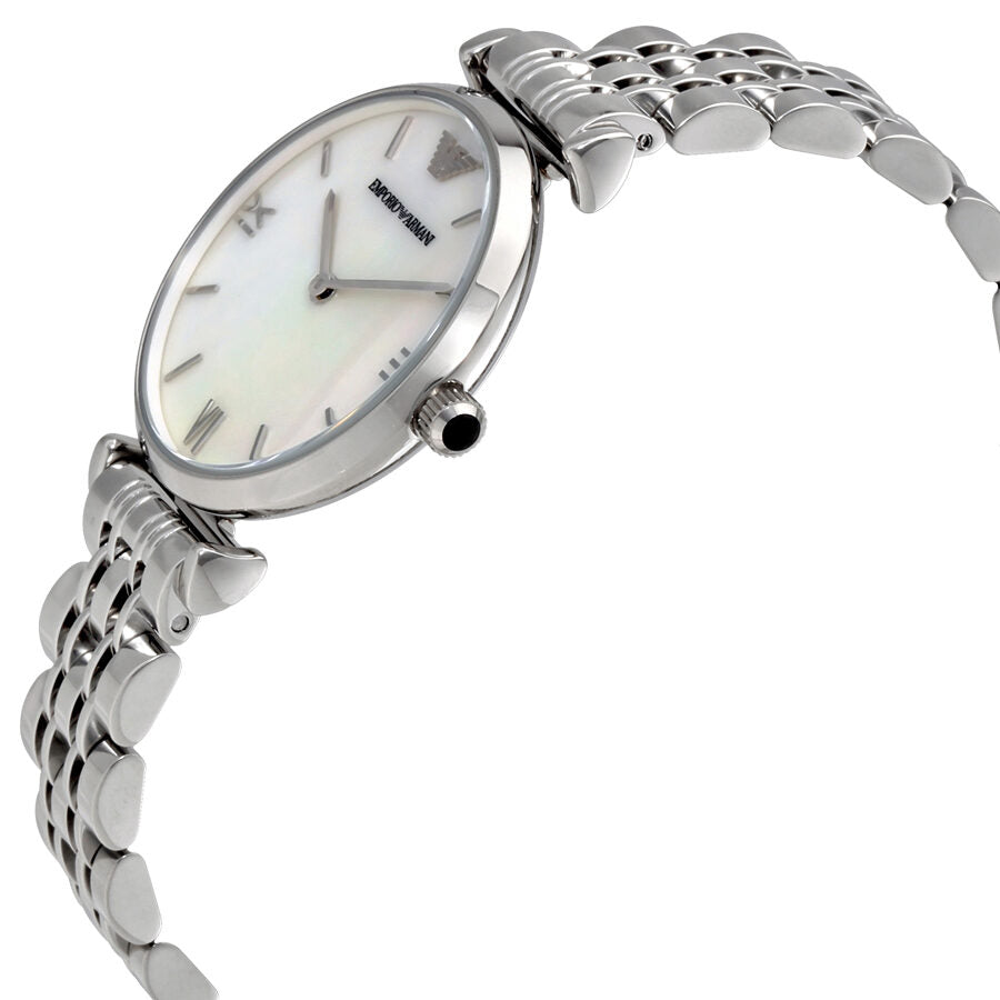 Emporio Armani AR1682 watch at angle showing silver braided bracelet and white dial
