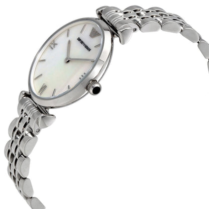 Emporio Armani AR1682 watch at angle showing silver braided bracelet and white dial