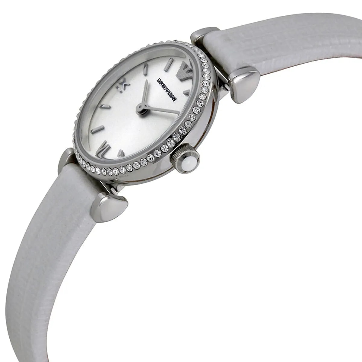 Emporio Armani Gianni T-Bar mini watch angled view of case with crystal bezel and leather strap