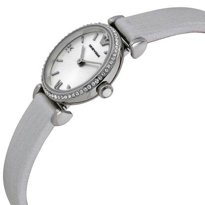 Emporio Armani Gianni T-Bar mini watch angled view of case with crystal bezel and leather strap