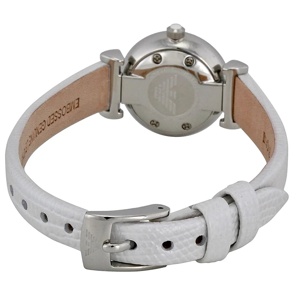 Emporio Armani Gianni T-Bar mini watch caseback showing stainless steel with eagle logo