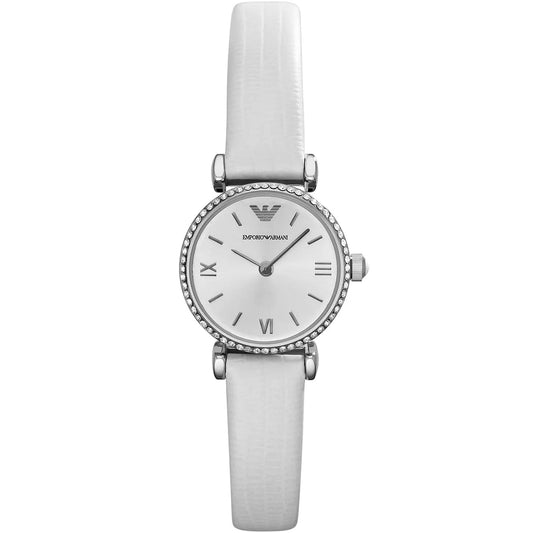 Emporio Armani Gianni T-Bar mini silver women's watch with white leather strap and crystal bezel