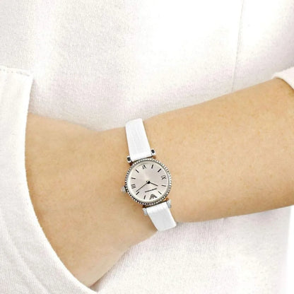 Emporio Armani Gianni T-Bar mini silver women's watch worn on wrist with white leather strap