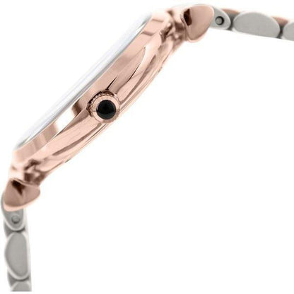 Side profile view of AR1725 rose gold and silver case with stainless steel bracelet