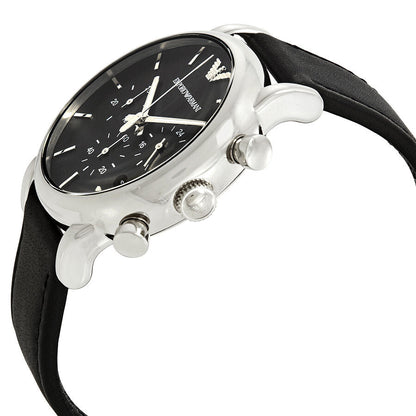 Side angle view of Emporio Armani AR1733 showing silver case and black leather strap