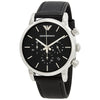 Emporio Armani AR1733 chronograph watch with black dial and silver case on black leather strap
