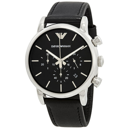 Emporio Armani AR1733 chronograph watch with black dial and silver case on black leather strap