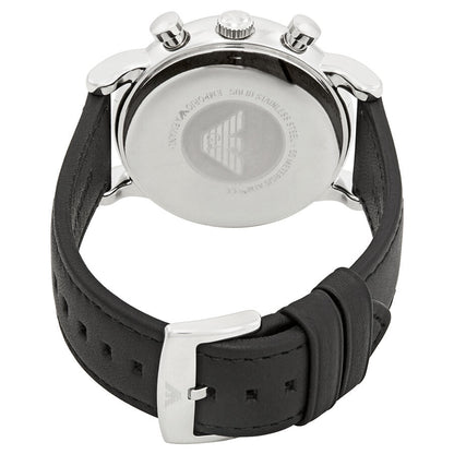 Caseback of Emporio Armani AR1733 with engraved eagle logo and black leather strap