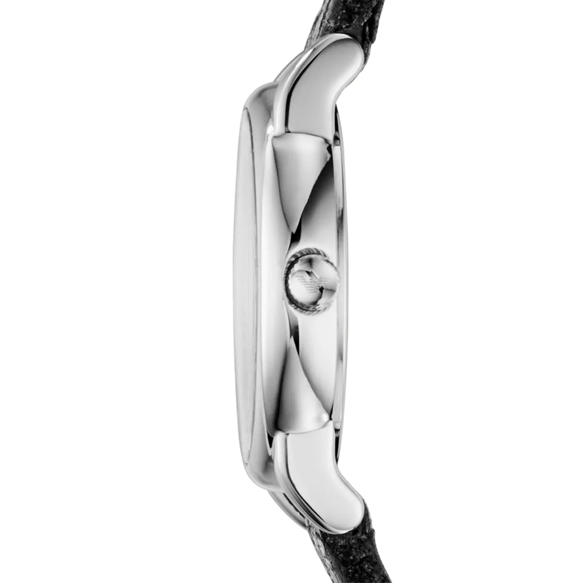 Side view of Emporio Armani AR1814 showing silver case profile and charcoal strap