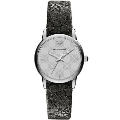 Emporio Armani AR1814 women's watch with silver dial and charcoal patterned leather strap