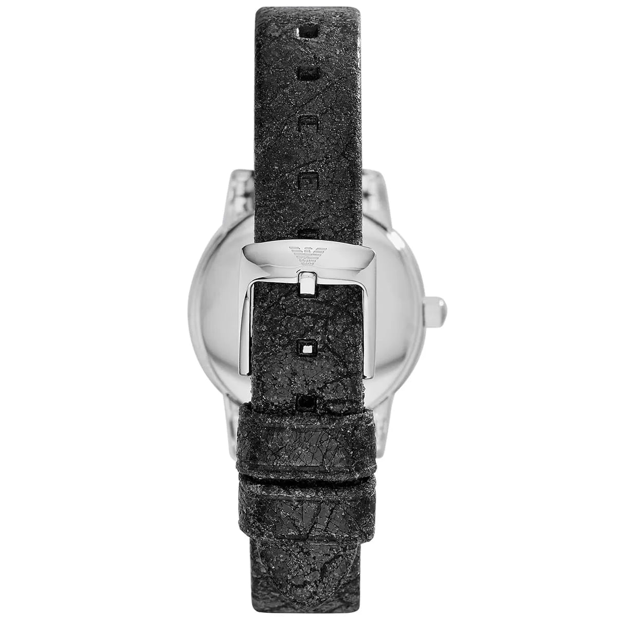 Emporio Armani AR1814 watch caseback showing silver case and charcoal leather strap