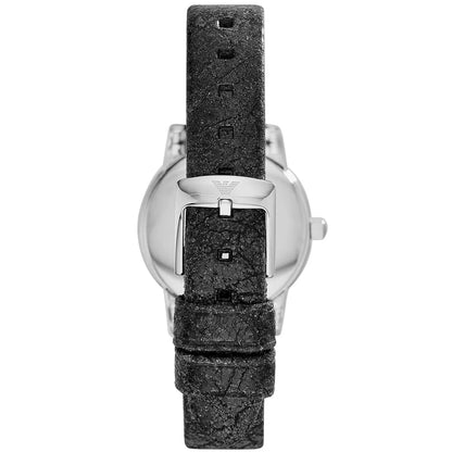 Emporio Armani AR1814 watch caseback showing silver case and charcoal leather strap