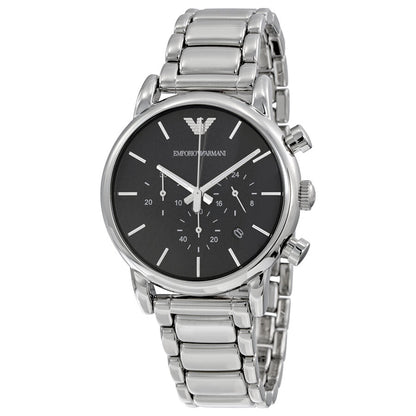 Emporio Armani AR1853 chronograph watch with black dial and silver stainless steel bracelet