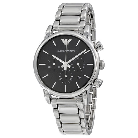Emporio Armani AR1853 chronograph watch with black dial and silver stainless steel bracelet