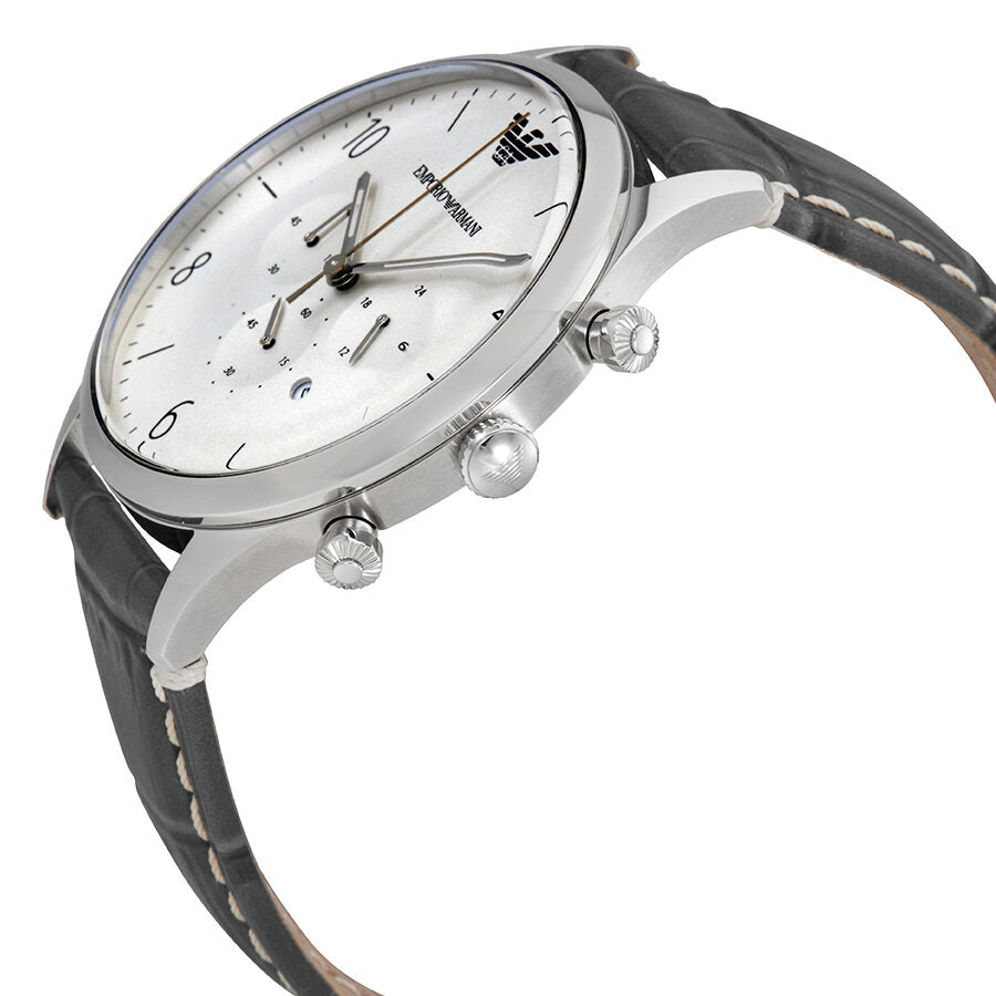 Side angle view of Emporio Armani AR1861 chronograph with silver case and black leather strap
