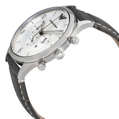 Side angle view of Emporio Armani AR1861 chronograph with silver case and black leather strap