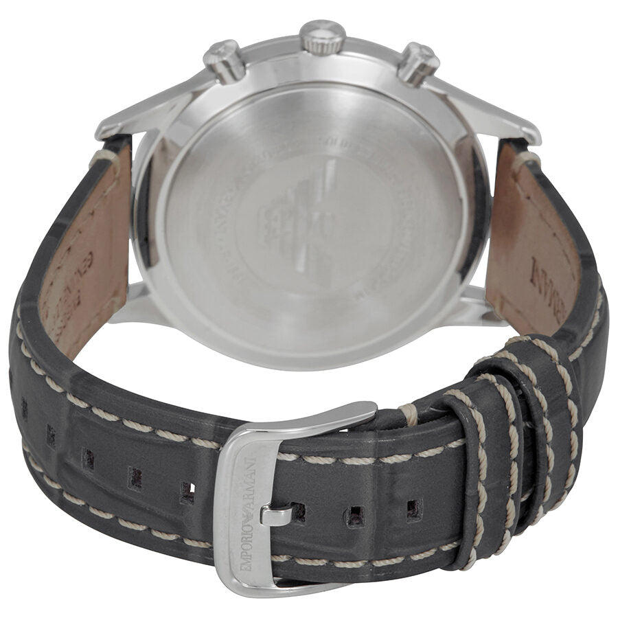 Caseback view of Emporio Armani AR1861 with stainless steel case and black leather strap