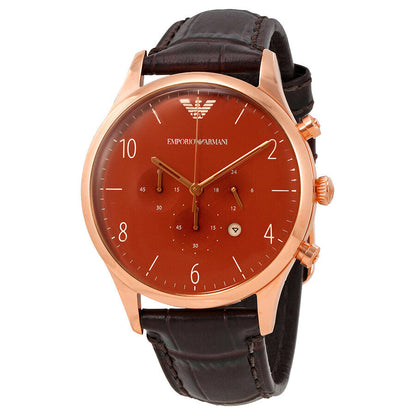 Emporio Armani AR1890 chronograph watch with burgundy dial and rose gold case