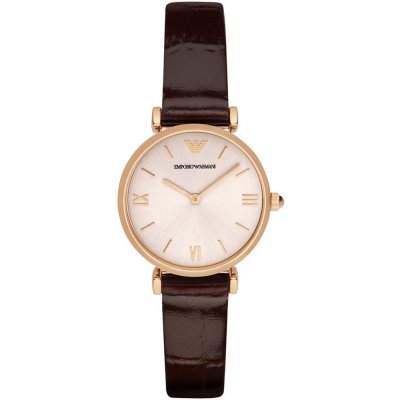 Emporio Armani AR1911 watch with rose gold case, cream dial, and brown leather strap
