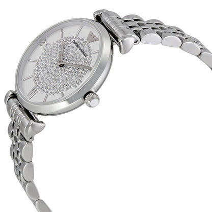 Emporio Armani AR1925 side angle view showing white pave dial and stainless steel bracelet