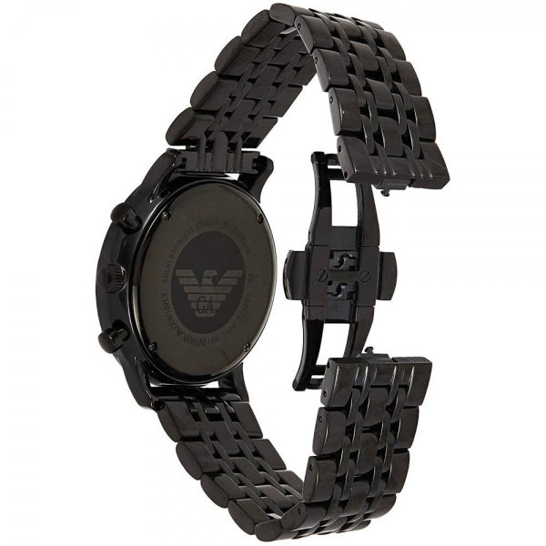 Caseback view of Emporio Armani AR1934 showing Emporio Armani logo and black steel bracelet