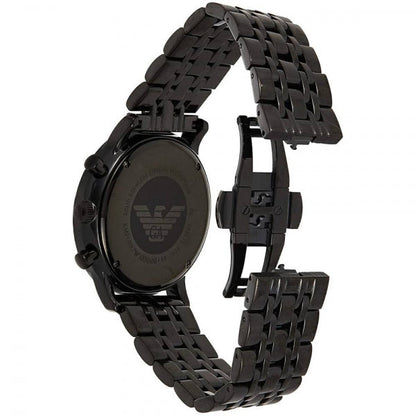 Caseback view of Emporio Armani AR1934 showing Emporio Armani logo and black steel bracelet