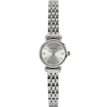 Emporio Armani Gianni T-Bar Mini women's watch worn on wrist showing silver dial