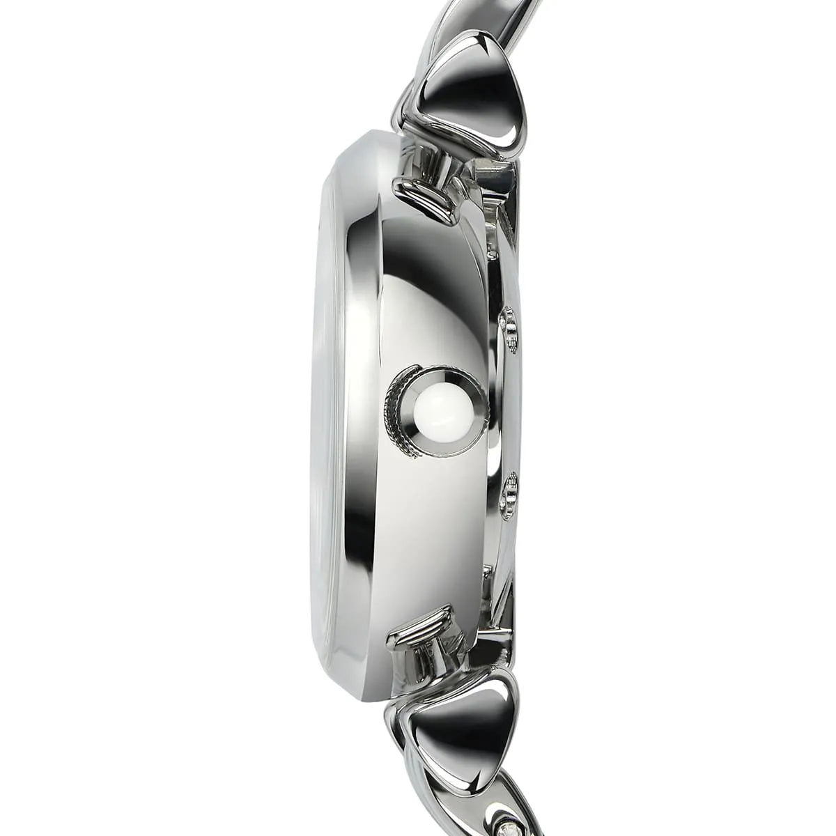 Side view of Emporio Armani Gianni T-Bar Mini watch case and crown