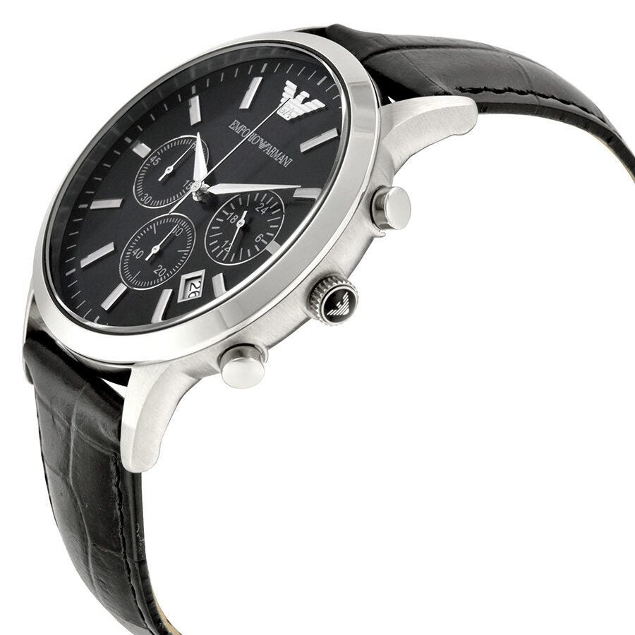 Side profile view of Emporio Armani AR2447 watch showing chronograph subdials and leather strap