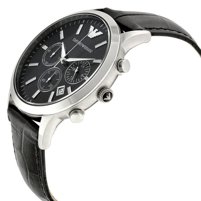 Side profile view of Emporio Armani AR2447 watch showing chronograph subdials and leather strap