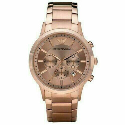 Emporio Armani rose gold chronograph watch with three subdials and rose gold steel bracelet