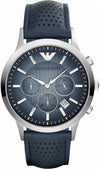 Emporio Armani AR2473 chronograph watch with blue dial and silver case on blue perforated strap