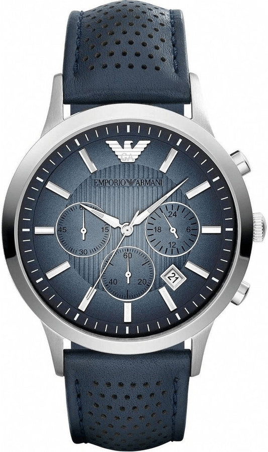 Emporio Armani AR2473 chronograph watch with blue dial and silver case on blue perforated strap