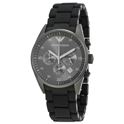 Emporio Armani Sport Chronograph black dial watch with black rubber strap, three chronograph subdials visible