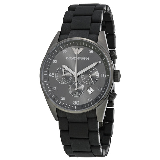 Emporio Armani Sport Chronograph black dial watch with black rubber strap, three chronograph subdials visible
