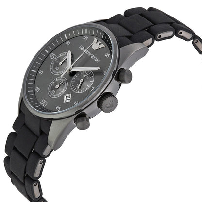 Emporio Armani AR5889 Sport Chronograph angled side view showing black rubber strap and chronograph pushers