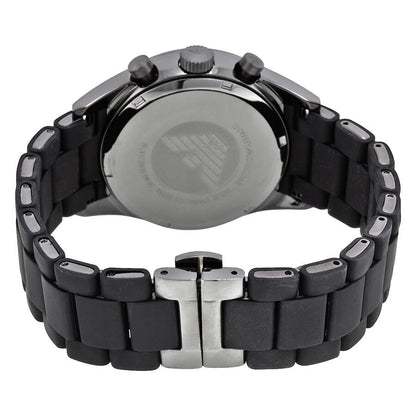 Emporio Armani AR5889 Sport Chronograph caseback showing stainless steel case back and black rubber strap