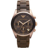 Emporio Armani AR5891 chronograph watch with dark brown dial, rose gold bezel, and brown rubber strap
