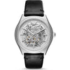 Emporio Armani AR60003 watch with skeleton dial, silver case, and black leather strap