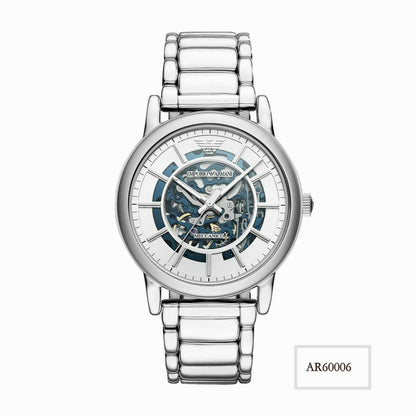 Emporio Armani AR60006 men's automatic watch with skeleton dial, front view with model number