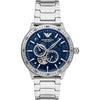 Emporio Armani AR60052 watch with blue dial, visible movement subdials, and stainless steel bracelet